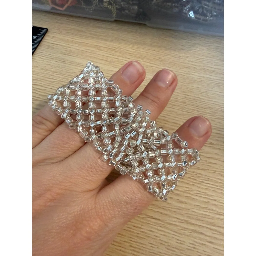 Vintage Style Clear‎ Silver Beaded Lattice Cuff Bracelet Wide Bridal Statement